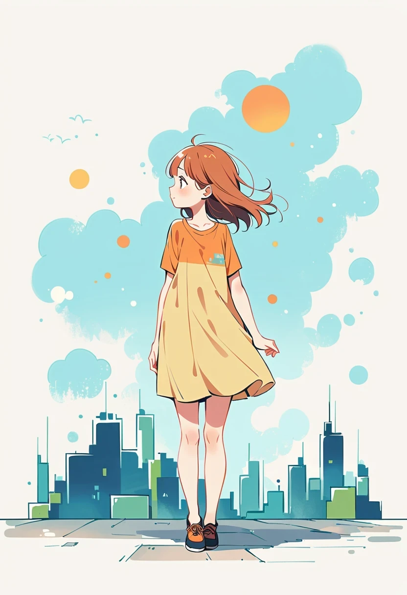 (Person Standing on the Rooftop:1.3),Girl on the rooftop,Simple lines,Minimalism,Abstract Art,City background