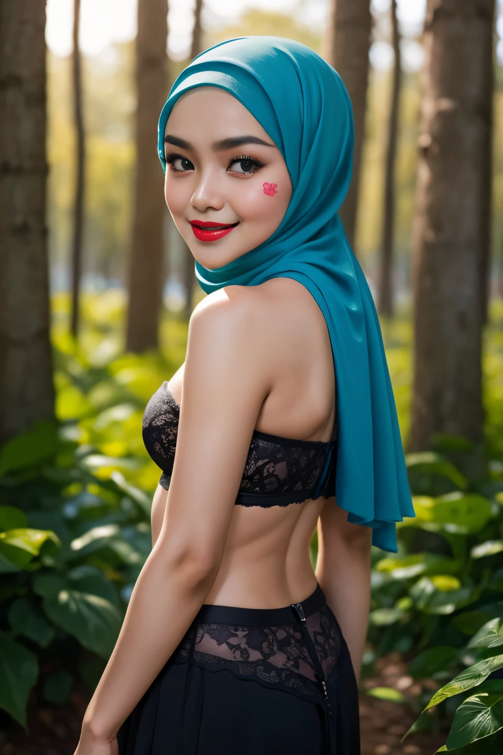 Lace, (Happy smile), (((HIJAB MALAY GIRL))), masutepiece, High quality, UHD 32K, Realistic face, Realistic skin feeling , A Japanese Lady, , , Very cute and baby-like face, (((FLAT CHEST))), (Night time at forest), ((look In front  at the camera and SADNESS)), (((FLUORESCENCE))), (((CUTE GIRL))), ((YELLOW LIPS)), ((Floral Pattern)) little wearing strapless bra, strapless colorful bra, dark night horror scary place (from behind up) seductive pose, white eyes