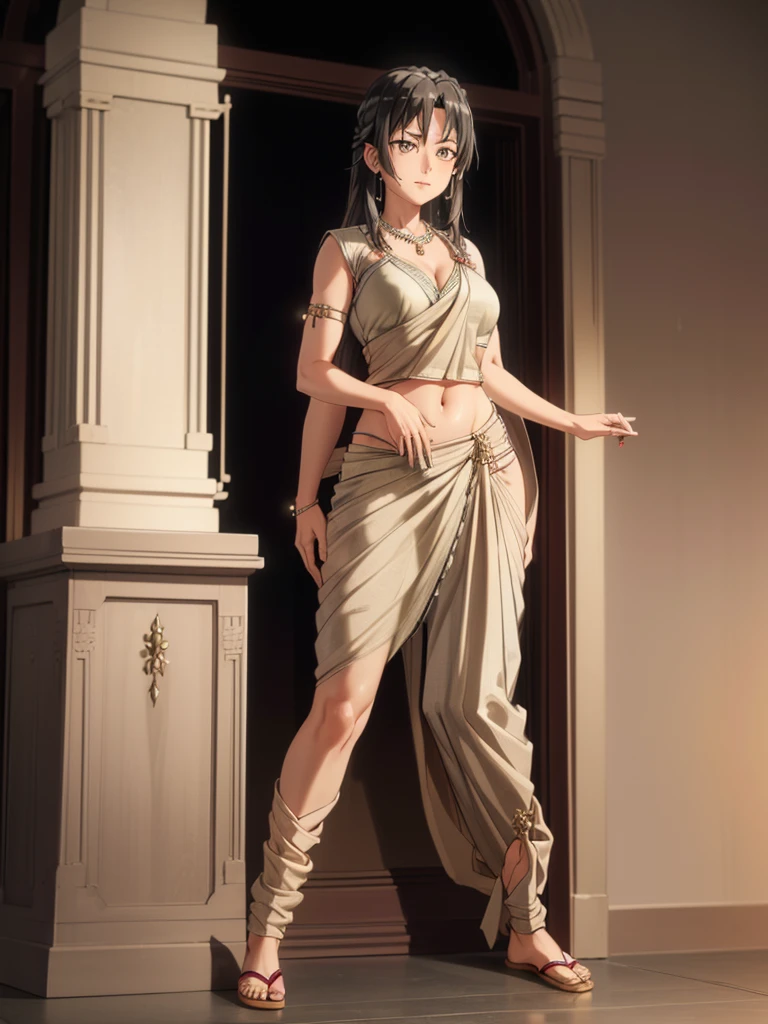 （8k, RAW photos, minino：1.1） ，female，（looki at viewer company），cowboy lens，Japanese，shizuka / (oregairu\），（fullbody saree：1.1），La Brett Piercing，cleavage，(((beige saree)))，seductive smile，Be red on the face, full body photo, standing, lean, muscular legs, muscular belly, long hair, black hair, open hair, medium breasts, (no bindi) Professional lighting、photon mapping、physics-based rendering、dark theme，wearing wifs, jewellery and necklace, alone, extreme high quality, legs covering saree, sandel, alone