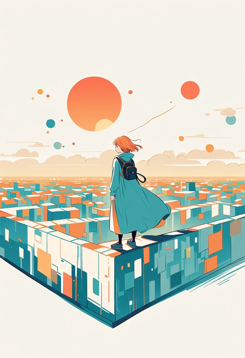 (Person Standing on the Rooftop:1.3)，Girl with backpack on rooftop，Simple lines，Minimalism，Abstract Art，City background