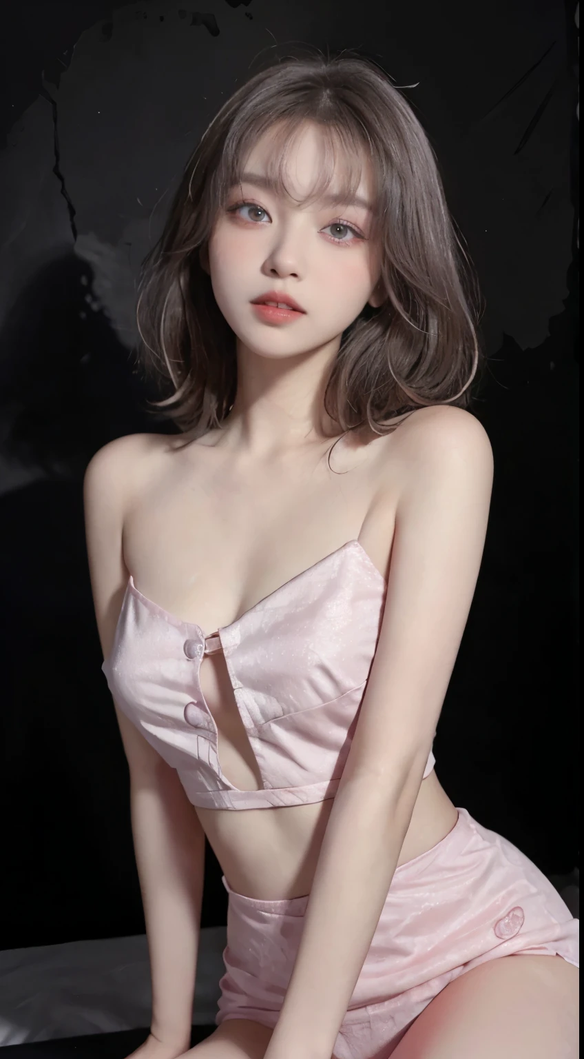Highest quality、Live Shooting、Ultra-high resolution、21 year old Korean、Small breasts、Dynamic angle、Cowboy Shots、The most beautiful form of chaos、elegant、Brutalist Design、Vibrant colors、Short Bob、Shiny white skin、Beautiful eyes with random colors、Very thin lips、Beautiful eyes down to the last detail、Long, narrow eyes、Pale pink blush、Long eyelashes、Beautiful double eyelids、eye shadow、Light gray hair、black wall、