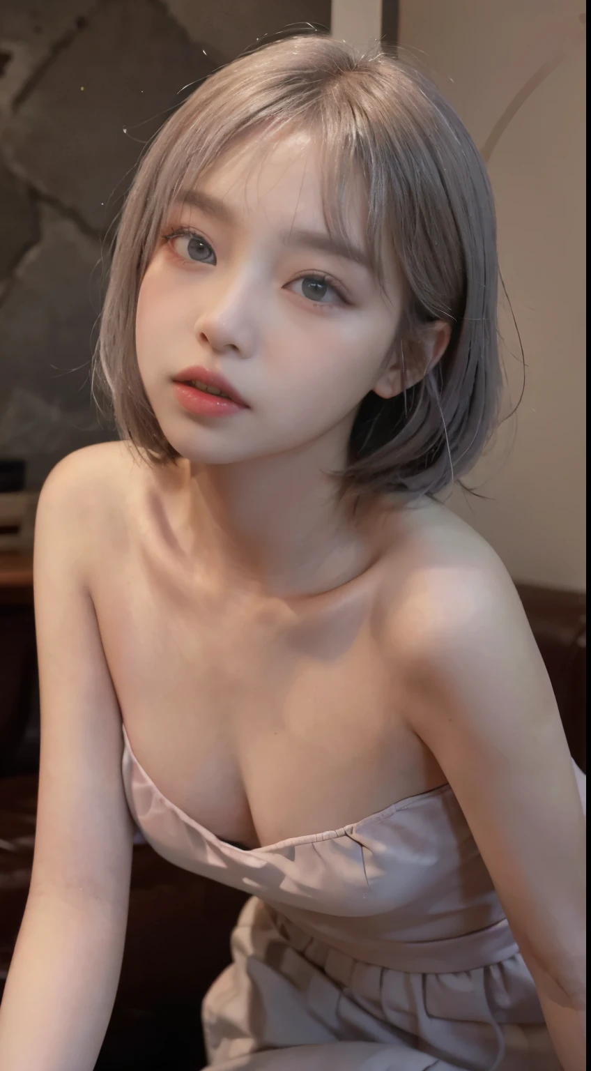 Highest quality、Live Shooting、Ultra-high resolution、21 year old Korean、Small breasts、Dynamic angle、Cowboy Shots、The most beautiful form of chaos、elegant、Brutalist Design、Vibrant colors、Short Bob、Shiny white skin、Beautiful eyes with random colors、Very thin lips、Beautiful eyes down to the last detail、Long, narrow eyes、Pale pink blush、Long eyelashes、Beautiful double eyelids、eye shadow、Light gray hair、black wall、