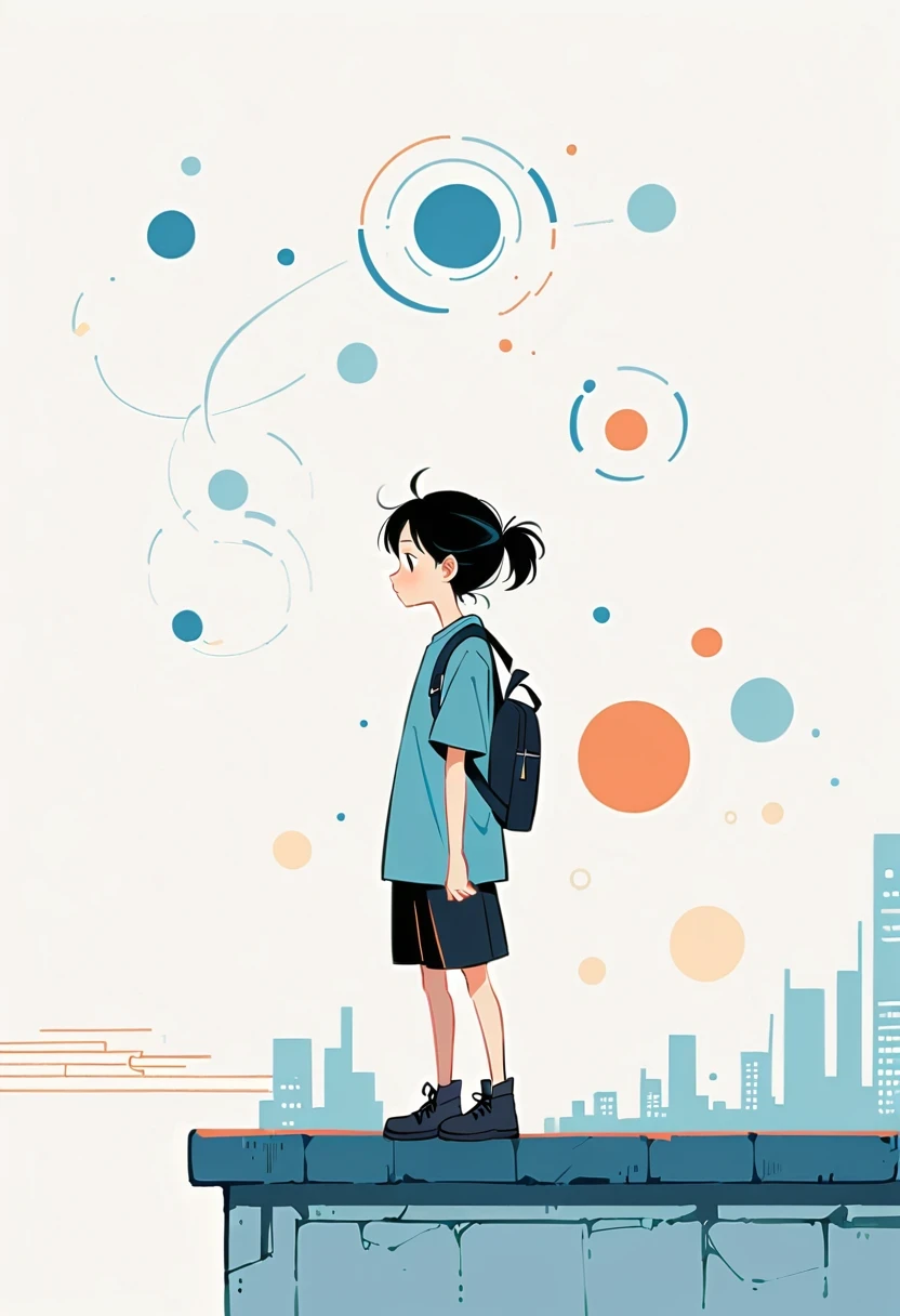 (Person Standing on the Rooftop:1.3),Girl with backpack on rooftop,Simple lines,Minimalism,Abstract Art,City background