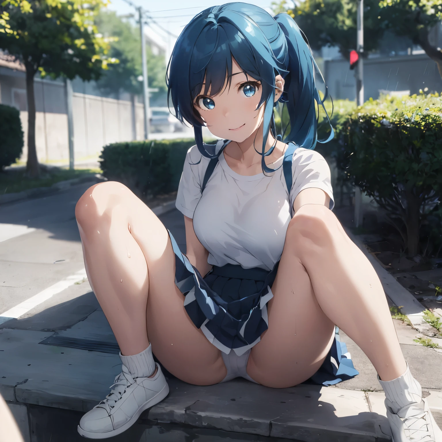 a matter of fact, daytime, sunlight, 1 woman, 8K resolution, ponytail, blue hair, blue eyes, glowing eyes, white short skirt, Blush, track field, sunlight, Strapless shirt, Wet from the rain, seethrough, Sit with your knees raised, Spread your legs, M leg, pussy, sweet smile, the skirt is blowed up, highest quality, High resolution, highly detailed face, perfect lighting, Very detailed CG, (perfect hands, perfect anatomy), minami nanami, perfect figure, armpit