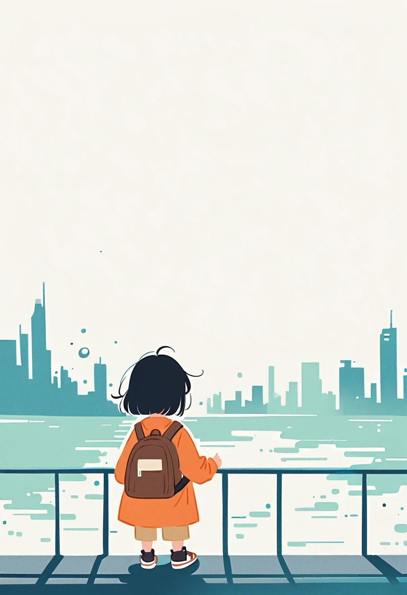 (Standing on the rooftop with railings:1.3),Girl with backpack on rooftop,Simple lines,Minimalism,Abstract Art,City background