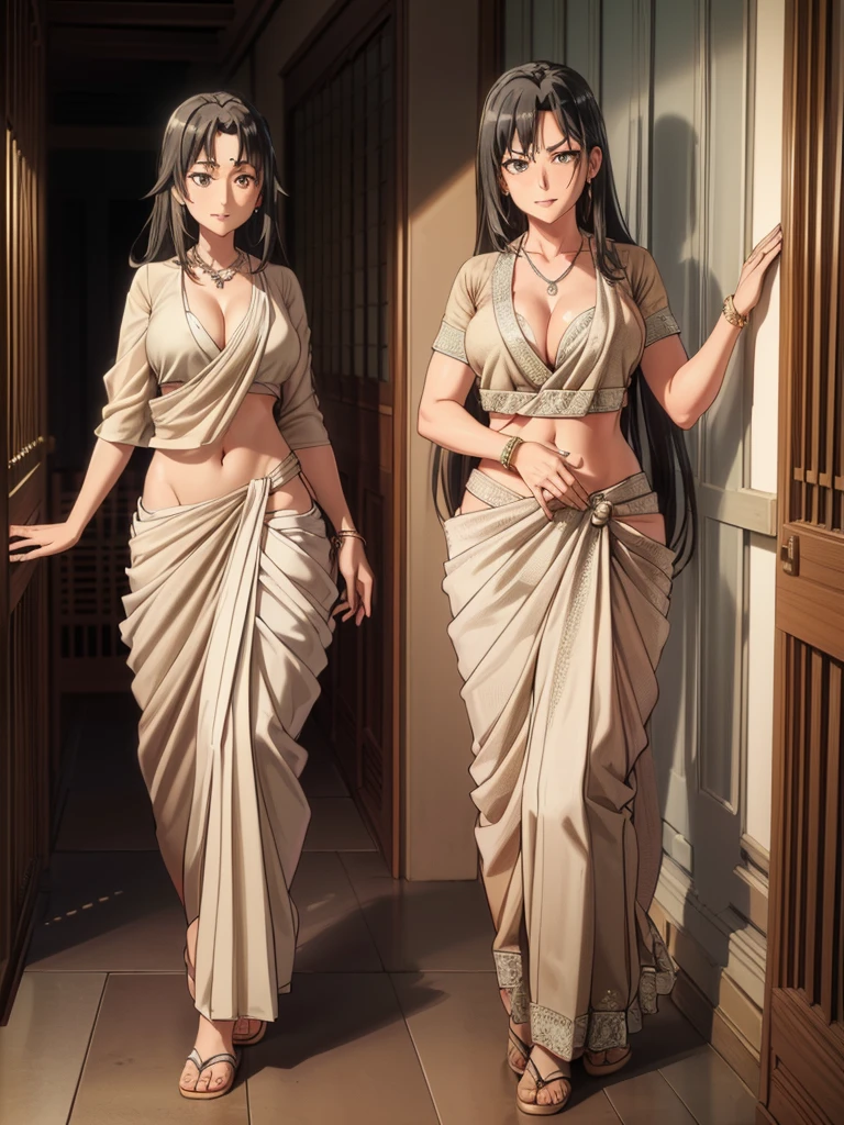 (8k, RAW photos, minino:1.1) ,female,(looki at viewer company),cowboy lens,Japanese,shizuka / (oregairu\),(fullbody saree:1.1),La Brett Piercing,cleavage,(((beige saree))),seductive smile,Be red on the face, full body photo, standing, lean, muscular legs, muscular belly, long hair, black hair, open hair, medium breasts, (no bindi) Professional lighting、photon mapping、physics-based rendering、dark theme,wearing wifs, jewellery and necklace, alone, extreme high quality, legs covering saree, sandel, alone