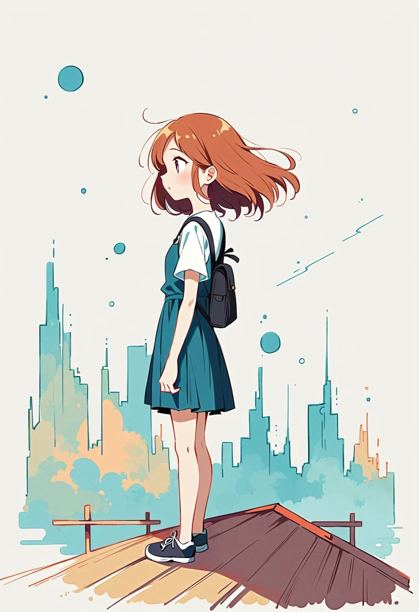 (Standing on the rooftop with railings:1.3),Girl with backpack on rooftop,Simple lines,Minimalism,Abstract Art,City background