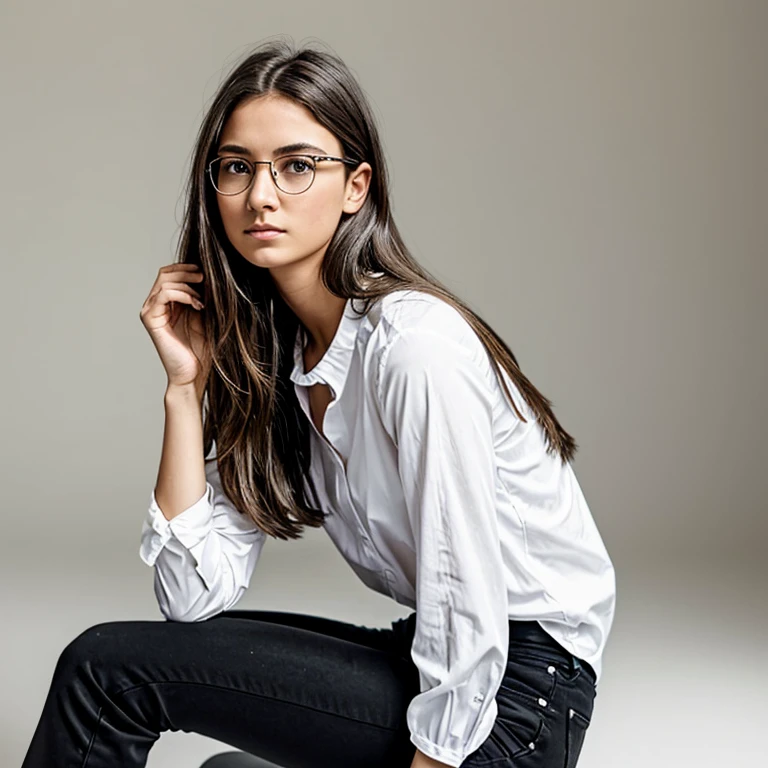 The image features a young woman as the main subject. She is sitting with her legs crossed and is dressed in a casual fashion, wearing a white long-sleeved shirt and black pants. Her eyeglasses are a notable feature, with large, round frames that draw attention to her contemplative gaze. Her expression is solemn and introspective, possibly hinting at a mood of pensiveness or calm concentration. The woman's long hair is styled loosely and adds a relaxed feel to the image. Overall, there is a simplicity to the photo, given the plain white background and the subject's understated attire, which puts the focus on the woman's pose and expression.