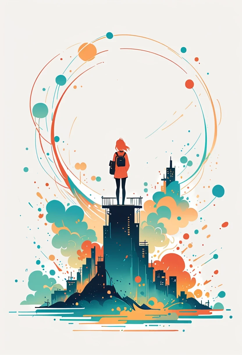(Standing on the rooftop with railings:1.3)，Girl with backpack on rooftop，Simple lines，Minimalism，Abstract Art，City background