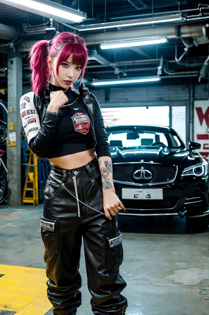 cyber punk　custom car　garage　Repairman girl
