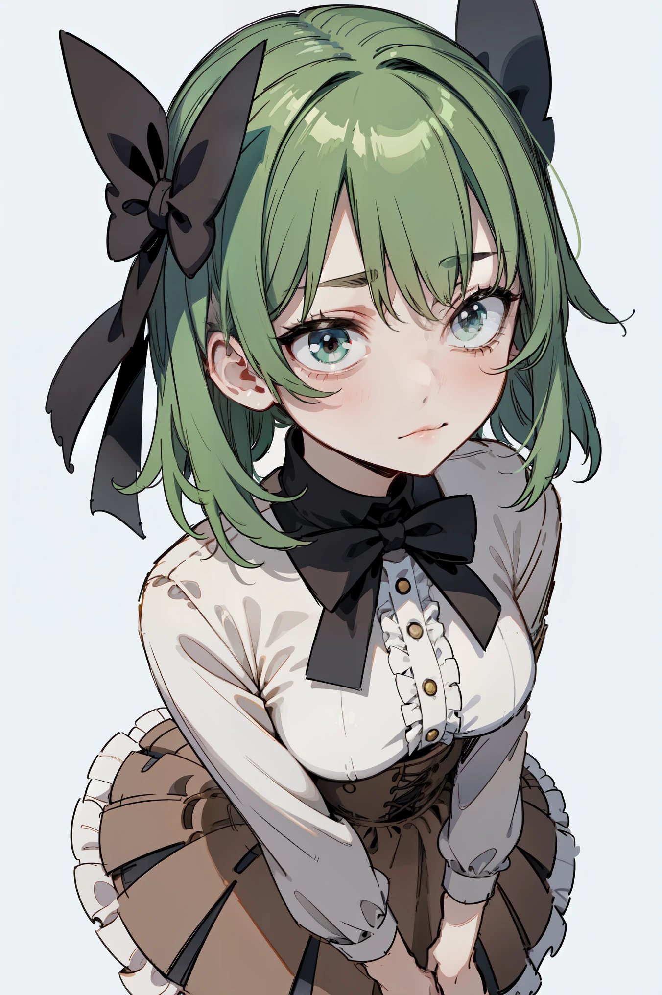 Young woman, bright green hair, black eyes, white bow on head, brown clothes, disturbance, shyness, Simple background, view from above.
