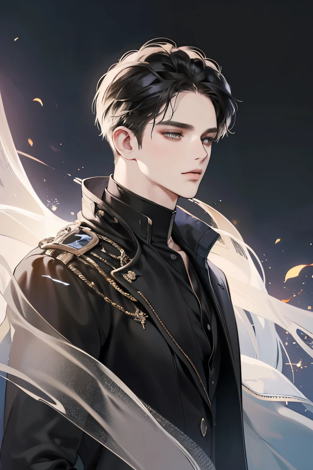 (best quality digital art digital illustration 4k high resolution beautiful image hyper-detailed image perfect lines soft lighting night environment soft zoom perfect face) (1:1 photorealistic) (neutral colors hdr 1.4) an adult 25 year old man (expressionless black eyes) hair medium black modern clothes dystopia