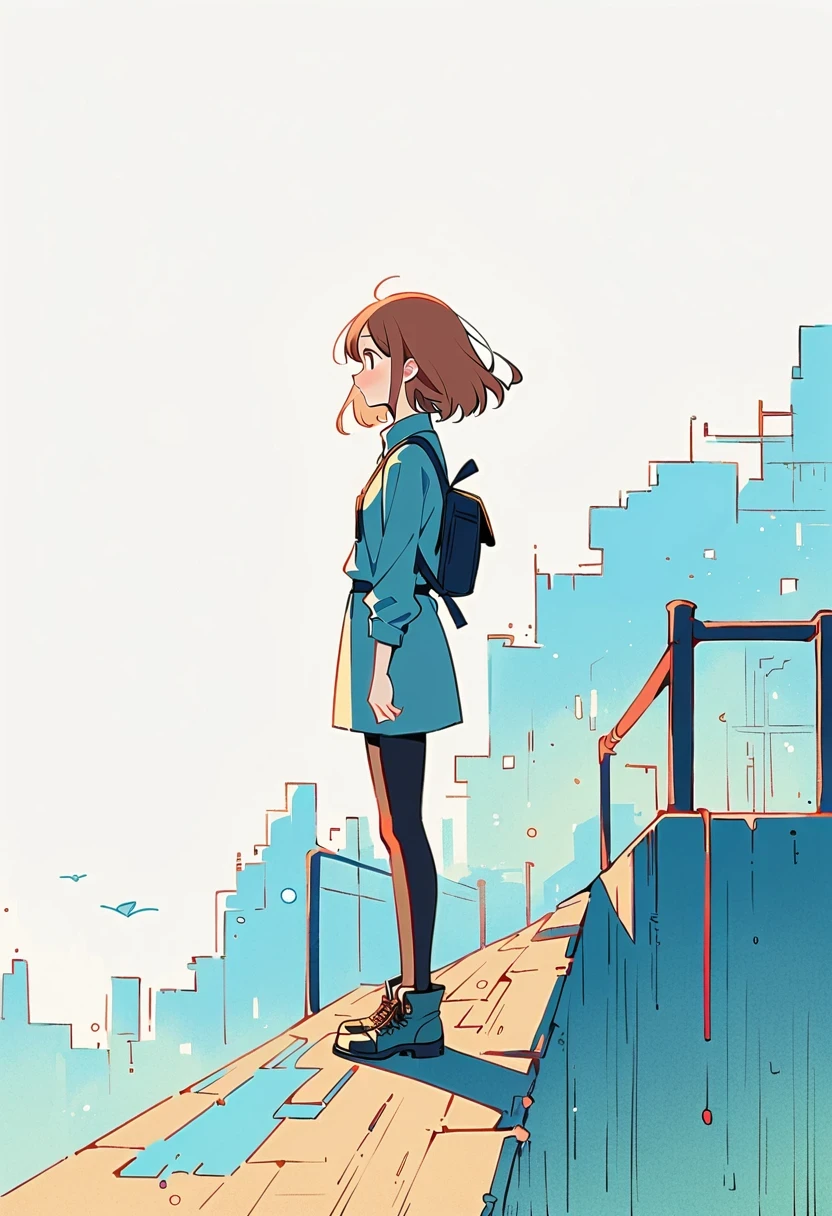 (Standing on the rooftop with railings:1.3),Girl with backpack on rooftop,Simple lines,Minimalism,Abstract Art,City background