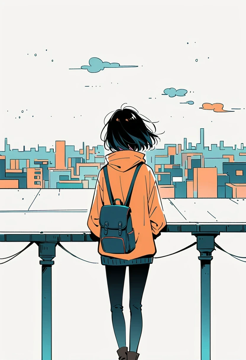 (Standing on the rooftop with railings:1.3),Girl with backpack on rooftop,Simple lines,Minimalism,Abstract Art,City background