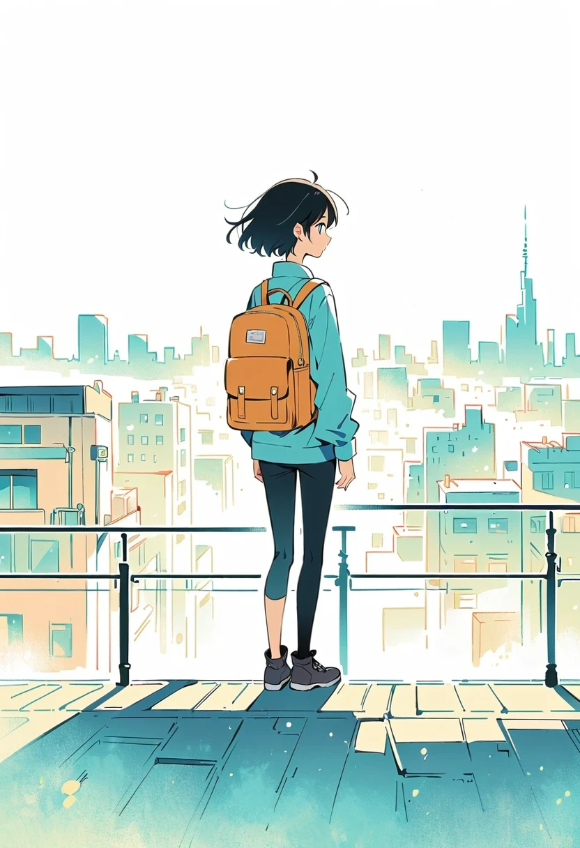 (Standing on the rooftop with railings:1.3),Girl with backpack on rooftop,Simple lines,Minimalism,Abstract Art,City background