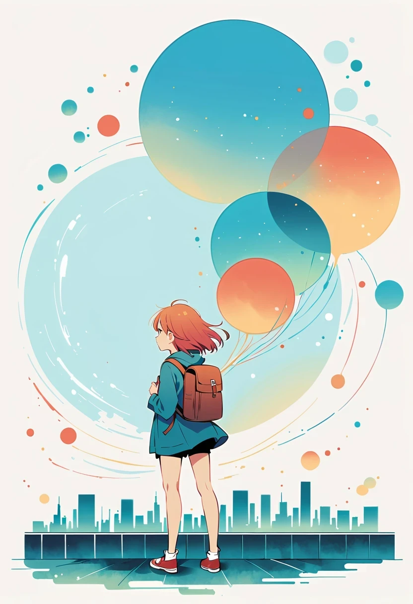 (Standing on the rooftop with railings:1.3),Girl with backpack on rooftop,Simple lines,Minimalism,Abstract Art,City background
