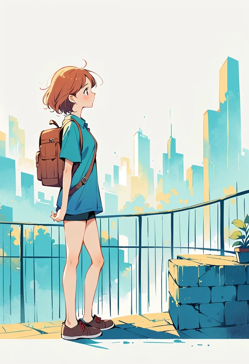 (Standing on the rooftop with railings:1.3),Girl with backpack on rooftop,Simple lines,Minimalism,Abstract Art,City background