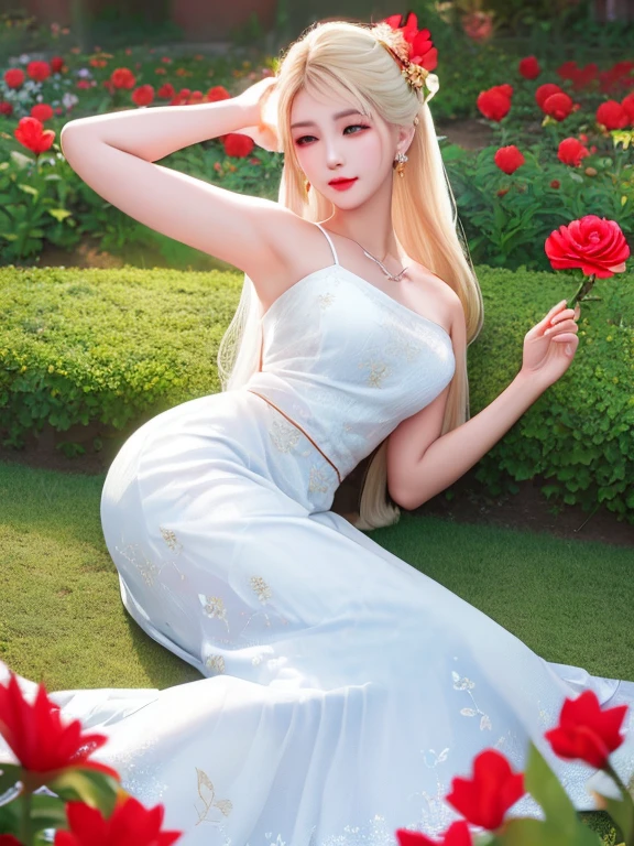 ((Female teacher lying in the flower garden)))) v6, earrings, full body v6, (long golden white hair), translucent clothes, look, superb, ultra high definition, RAW photography, realism 1.25), (bright lip gloss, long eyelashes, smooth) face, bright skin, natural shadows, wide light, wide light, depth of field, strong colors, subtle caustics: 0.8), smile, (big), v6 ( Bra made of red flowers in transparent white, miniskirt,))), sleeveless, lower body slender, behind the woman, there are various beautiful flowers (absurd, high resolution, super detailed), ((a little dirty all over, clothes are also torn))