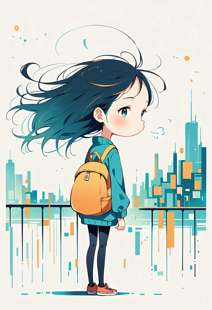 (Standing on the rooftop with railings:1.3),Girl with backpack on rooftop,Simple lines,Minimalism,Abstract Art,City background