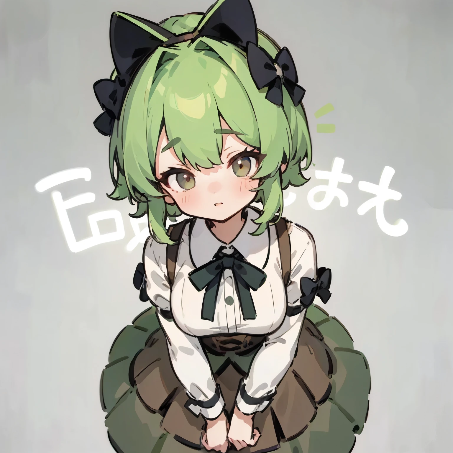 Young woman, bright green hair, black eyes, white bow on head, brown clothes, existence, shyness, Simple background, view from above.
