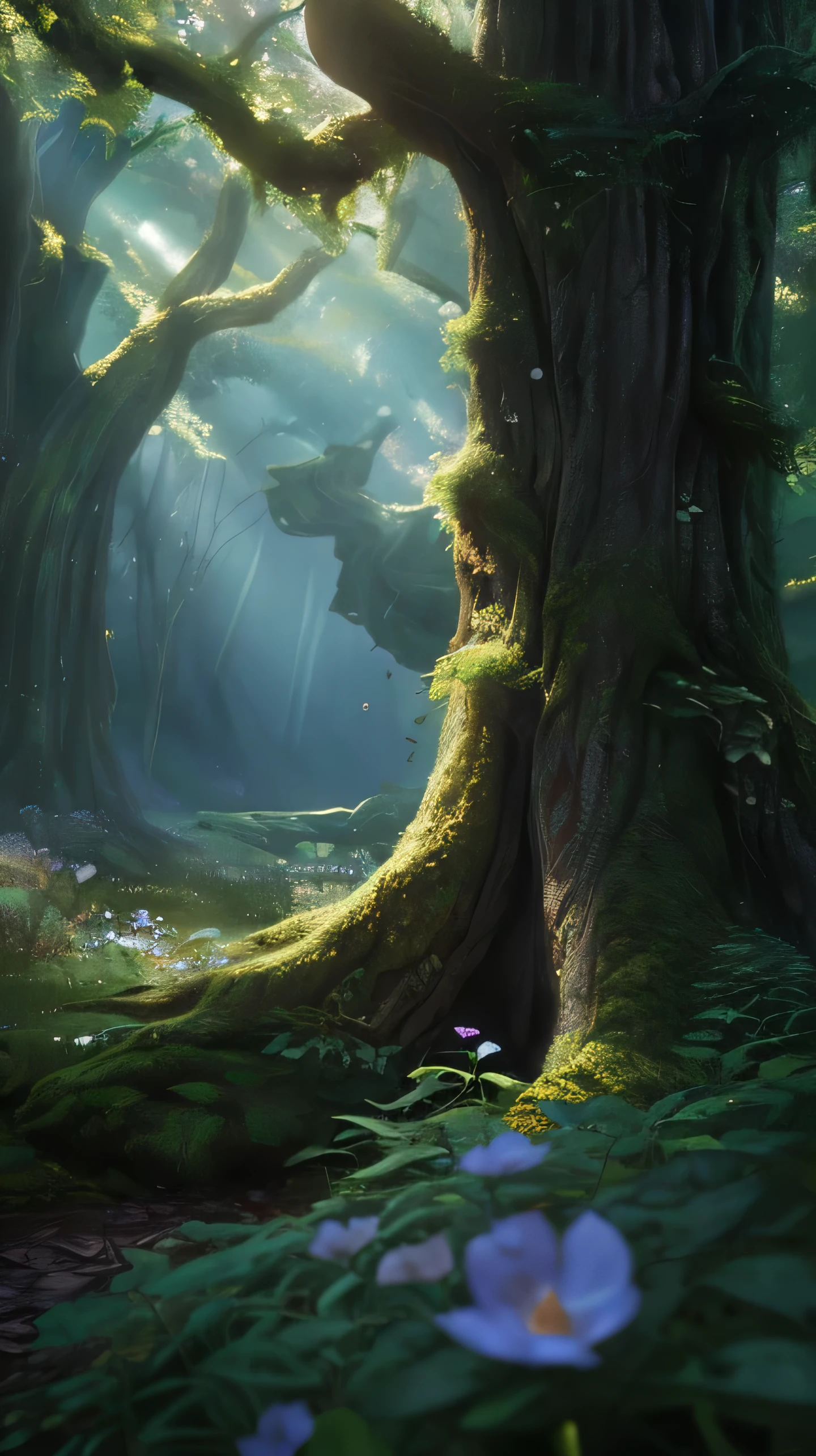 there is a mossy tree with a sunbeam in the background, fairytale forest, fantasy forest environment, magical fantasy forest, magical forest, ancient forest, magical environment, enchanted and magic forest, beautiful ancient forest, fantasy forest, magical forest backround, fantasy magical vegetation, andreas rocha and john howe, a fantasy forest, fantasy forest landscape, alexey egorov