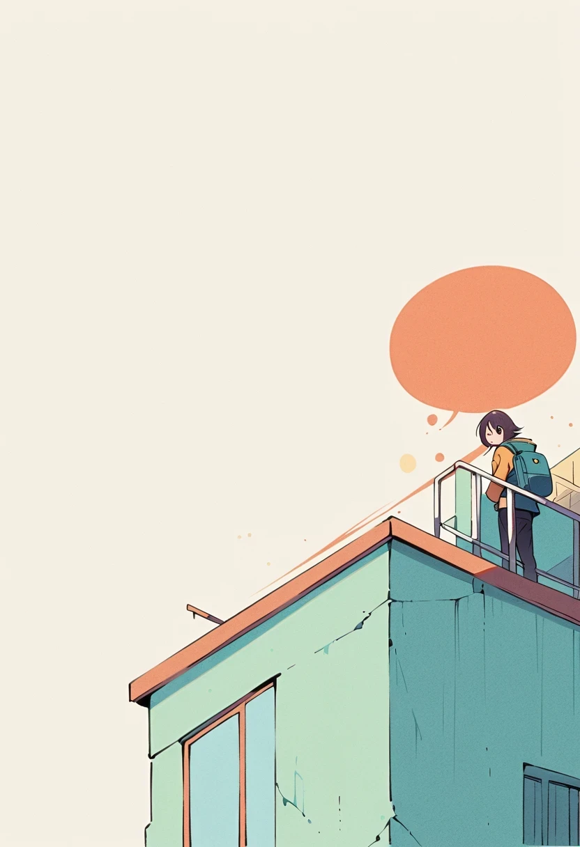 (Standing on the rooftop with railings:1.3),Girl with backpack on rooftop,Simple lines,Minimalism,Abstract Art,City background