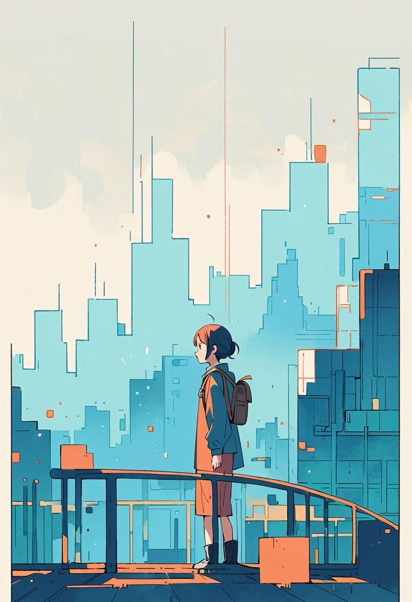 Anime girl standing on a ledge looking at a city skyline - SeaArt AI