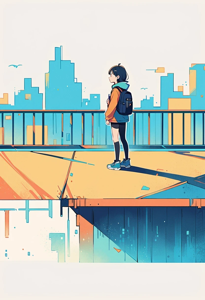 (Standing on the rooftop with railings:1.3),Girl with backpack on rooftop,Simple lines,Minimalism,Abstract Art,City background