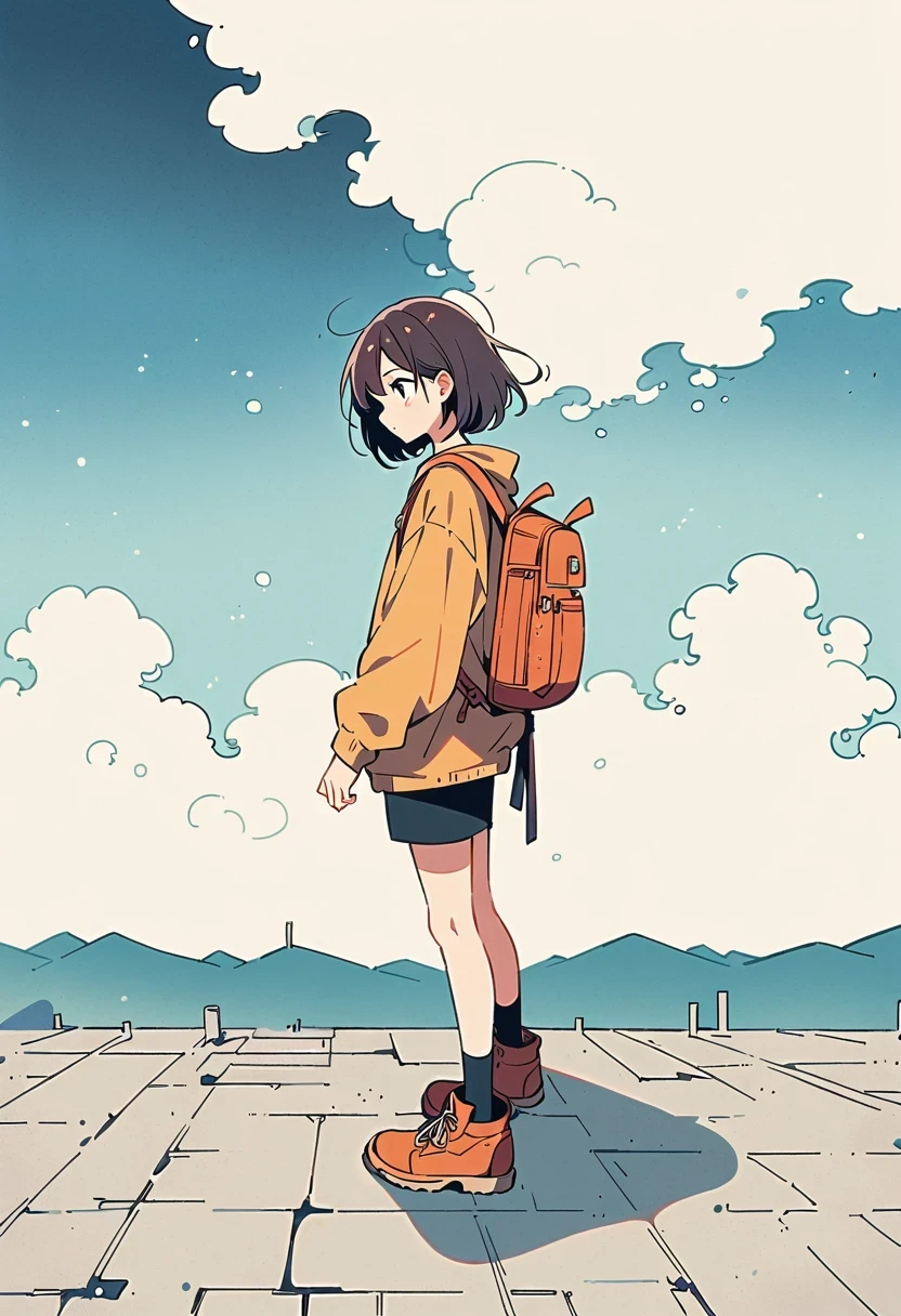 (Standing on the rooftop with railings:1.3)，Girl with backpack on rooftop，Simple lines，Minimalism，Abstract Art，City background
