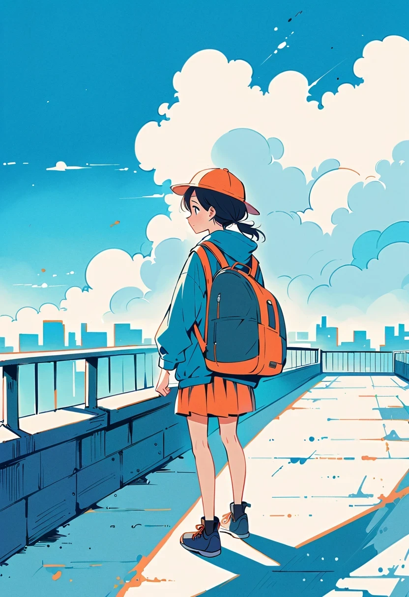 (Standing on the rooftop with railings:1.3),Girl with backpack on rooftop,Simple lines,Minimalism,Abstract Art,City background