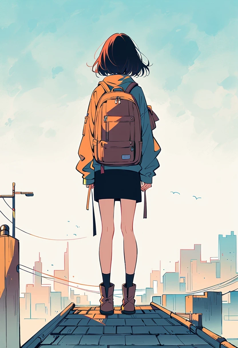 (Standing on the rooftop with railings:1.3),Girl with backpack on rooftop,Simple lines,Minimalism,Abstract Art,City background