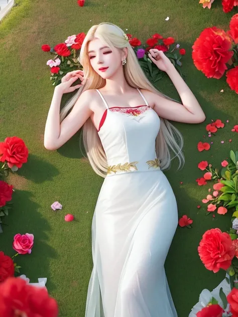 (((female teacher lying in the flower garden)))v6, earrings, full body v6, (long golden white hair), translucent clothes, look, ...