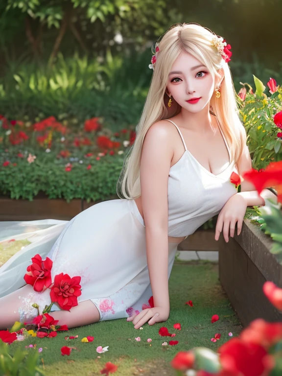 ((Female teacher lying in the flower garden)))) v6, earrings, full body v6, (long golden white hair), translucent clothes, look, superb, ultra high definition, RAW photography, realism 1.25), (bright lip gloss, long eyelashes, smooth) face, bright skin, natural shadows, wide light, wide light, depth of field, strong colors, subtle caustics: 0.8), smile, (big), v6 ( Bra made of red flowers in transparent white, miniskirt,))), sleeveless, lower body slender, behind the woman, there are various beautiful flowers (absurd, high resolution, super detailed), ((a little dirty all over, clothes are also torn))