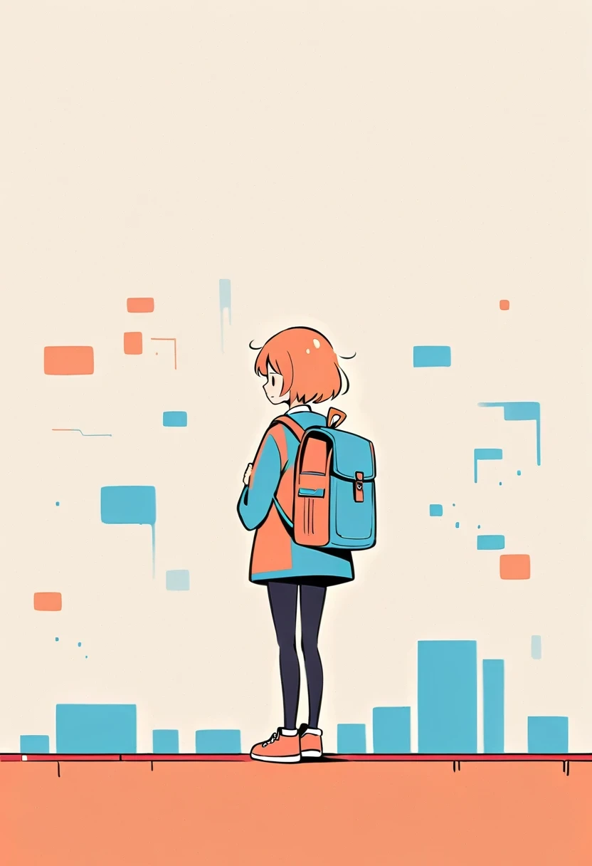 (Standing on the rooftop with railings:1.3),Girl with backpack on rooftop,Simple lines,Minimalism,Abstract Art,City background