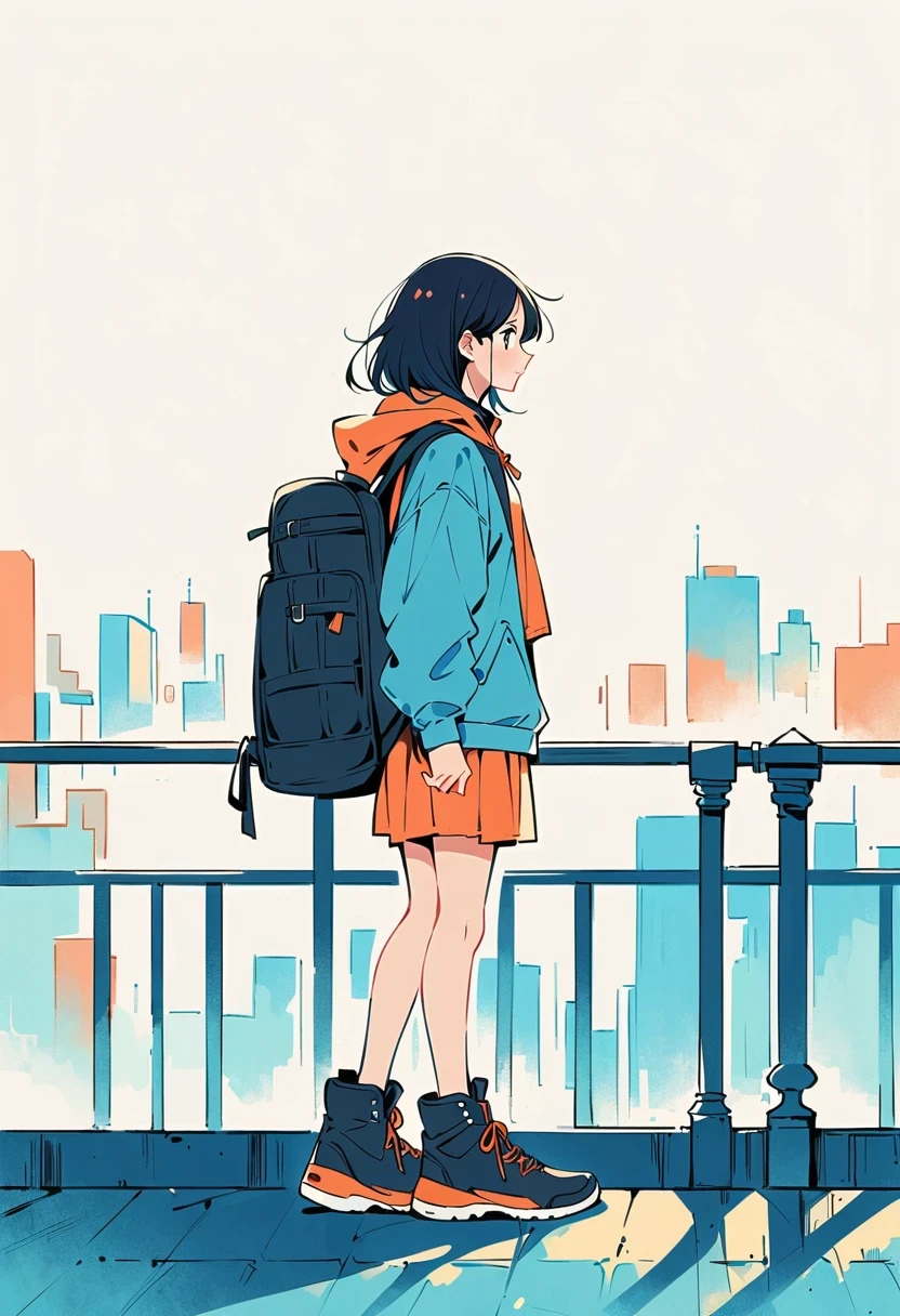 (Standing on the rooftop with railings:1.3),Girl with backpack on rooftop,Simple lines,Minimalism,Abstract Art,City background