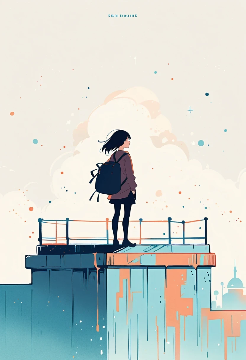 (Standing on the rooftop with railings:1.3),Girl with backpack on rooftop,Simple lines,Minimalism,Abstract Art,City background
