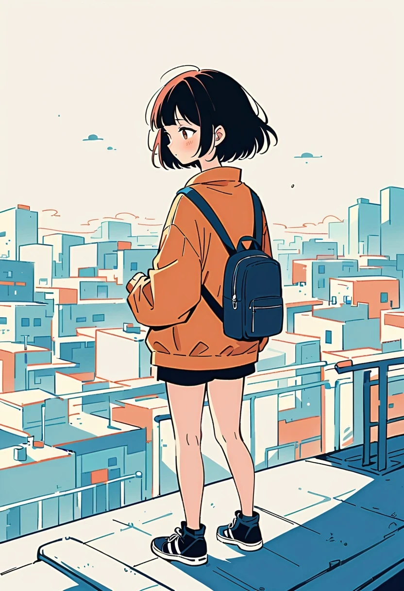 (Standing on the rooftop with railings:1.3),Girl with backpack on rooftop,Simple lines,Minimalism,Abstract Art,City background