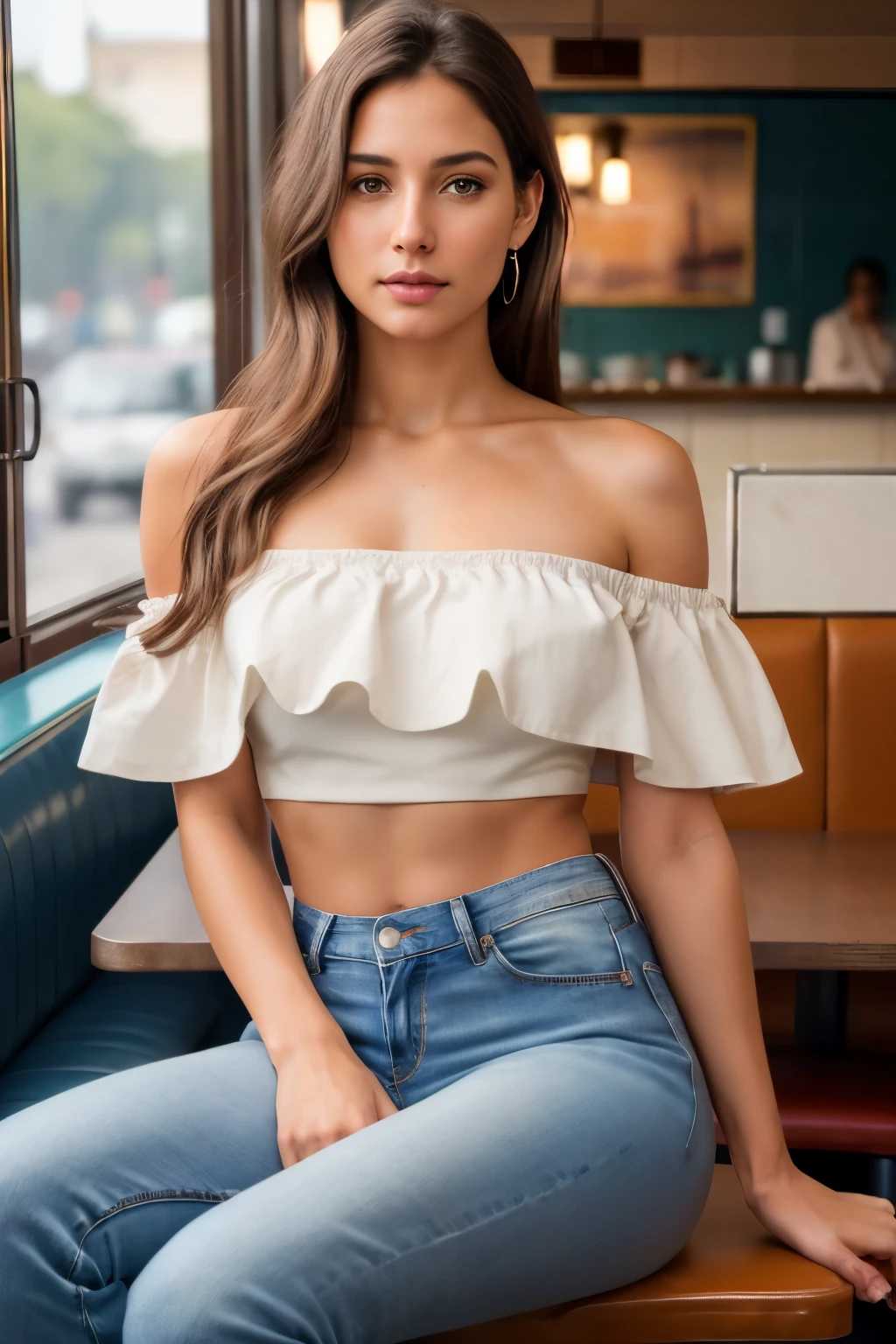 ((nsfw)), 8k, RAW photo, best quality, ultra high res, photorealistic, realistic photo of a girl wearing a croptop, bare shoulders, jeans, sitting in a diner, beautiful, detailed face, detailed, highres, realistic, photorealistic, full body, head to toe, legs, matte skin, pores, wrinkles, (extremely detailed CG unity 8k wallpaper), photo of the most beautiful artwork in the world, professional majestic (photography by Steve McCurry), 8k uhd, dslr, soft lighting, high quality, film grain, Fujifilm XT3 sharp focus, f 5.6, High Detail, Sharp focus, dramatic, (looking at viewer:1.2), (natural light)