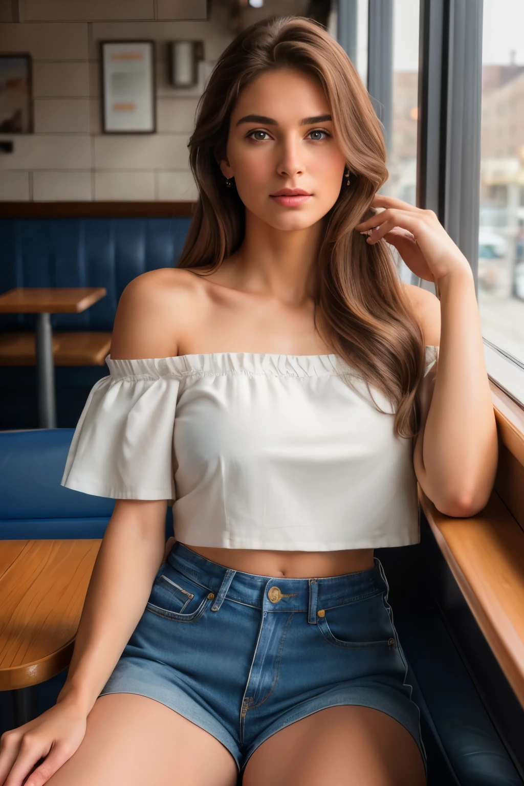 ((nsfw)), 8k, RAW photo, best quality, ultra high res, photorealistic, realistic photo of a girl wearing a croptop, bare shoulders, jeans, sitting in a diner, beautiful, detailed face, detailed, highres, realistic, photorealistic, full body, head to toe, legs, matte skin, pores, wrinkles, (extremely detailed CG unity 8k wallpaper), photo of the most beautiful artwork in the world, professional majestic (photography by Steve McCurry), 8k uhd, dslr, soft lighting, high quality, film grain, Fujifilm XT3 sharp focus, f 5.6, High Detail, Sharp focus, dramatic, (looking at viewer:1.2), (natural light)