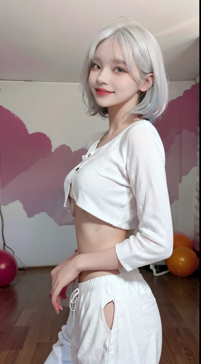 best image quality、Raw photo、超A high resolution、21 year old Korean、small breasts、dynamic angle、cowboy shot、the most beautiful form chaos、elegant、brutalist design、vivid colors、beautiful white hair、short bob、smile、fun、smile、glossy white skin、beautiful eyes with random colors、very thin lips、Beautiful eyes in every detail、elongated eyes、light pink cheek、long eyelashes、beautiful double eyelids、eye shadow、bright white hair、crop top、black down jacket、harem pants、Hand gestures、bright room、Chocolate motif、shot from the side、Full body shot