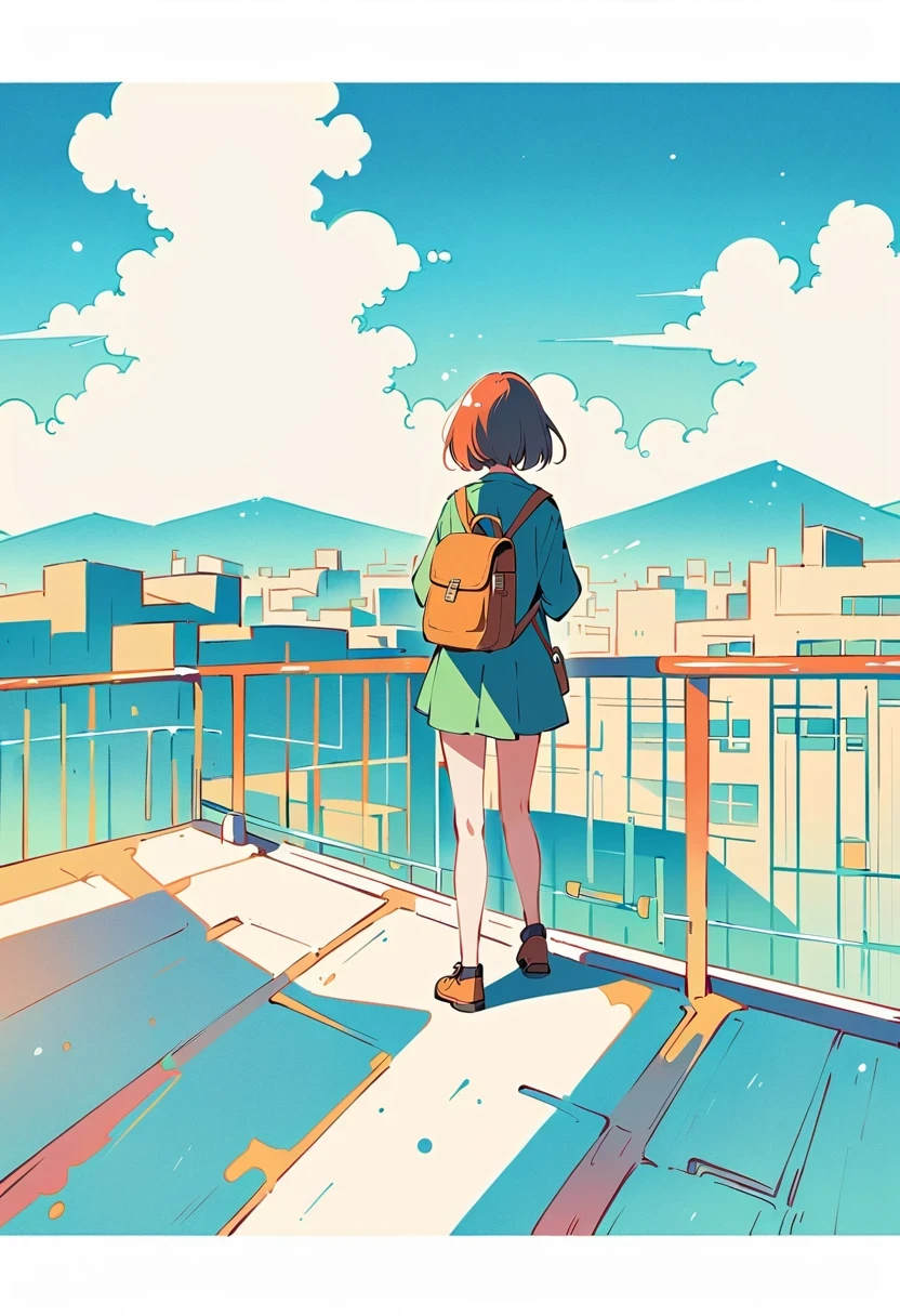 (Standing on the rooftop with railings:1.3)，Girl with backpack on rooftop，Simple lines，Minimalism，Abstract Art，City background