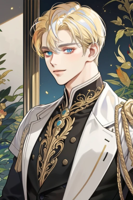 masterpiece, best quality, realistic, 1man, mature man, muscular tall, handsome, smile, closed mouth, portrait, extremely detailed face, (short hair), (golden hair), (heterochromia in eyes)