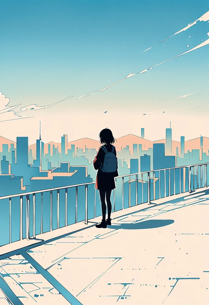 (Standing on the rooftop with railings:1.3)，Girl with backpack on rooftop，Simple lines，Minimalism，Abstract Art，City background