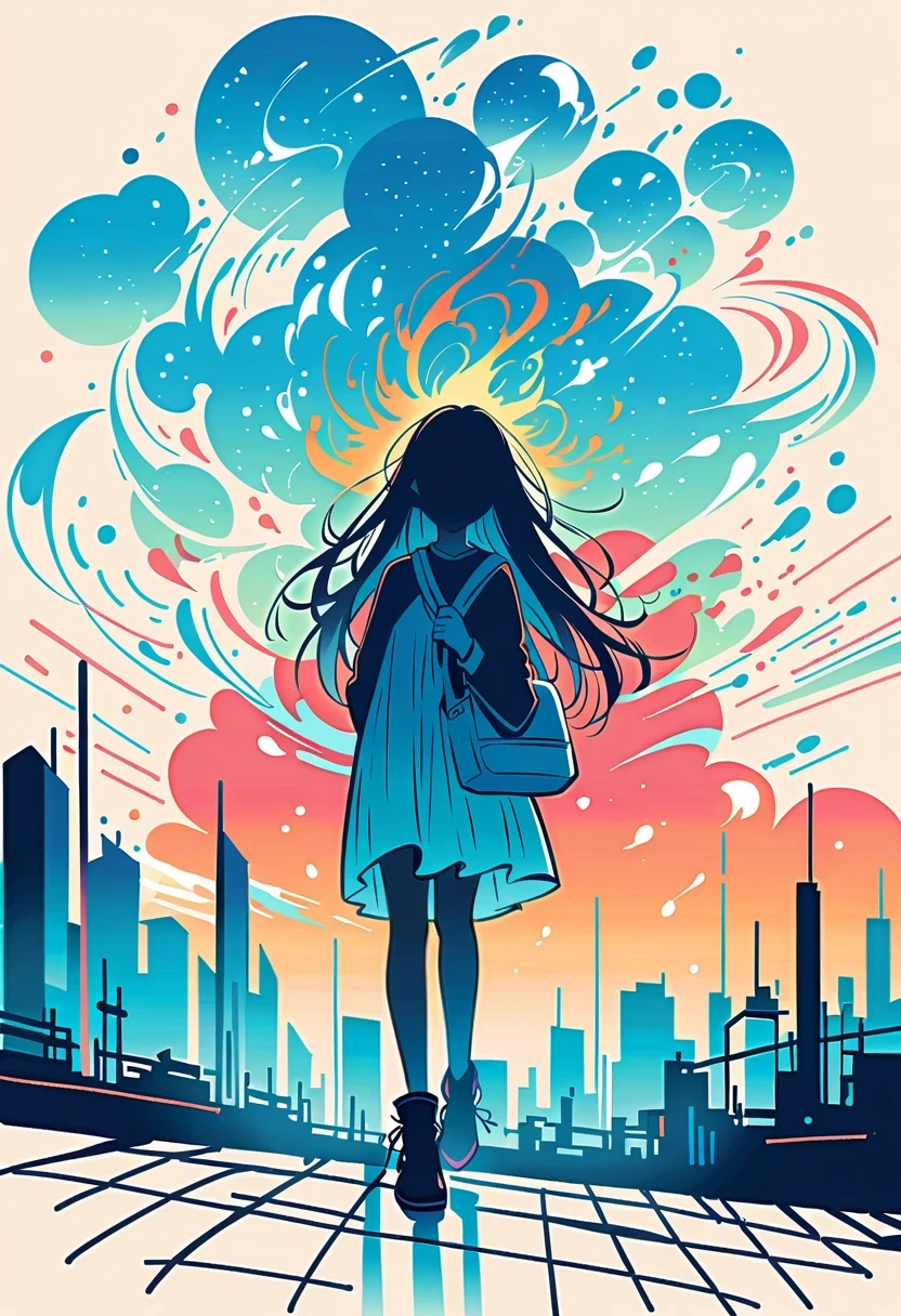 (Stand on the rooftop:1.3),Girl with backpack on rooftop,Simple lines,Minimalism,Abstract Art,City background