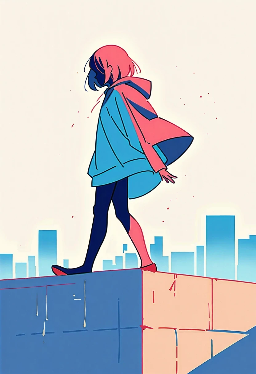(Stand on the rooftop:1.3),Girl with backpack on rooftop,Simple lines,Minimalism,Abstract Art,City background