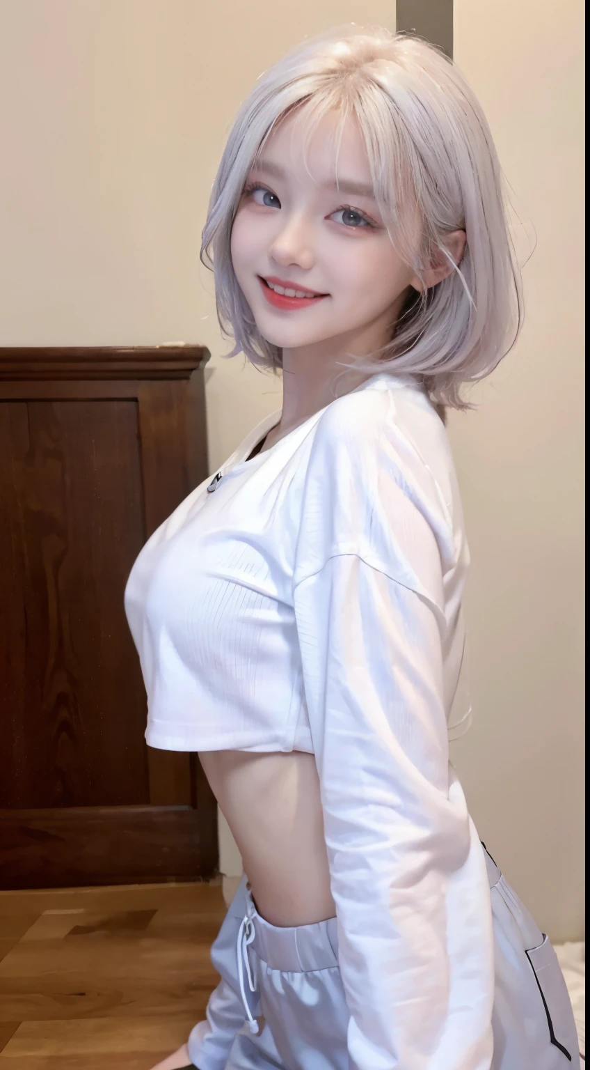 best image quality、Raw photo、超A high resolution、21 year old Korean、small breasts、dynamic angle、cowboy shot、the most beautiful form chaos、elegant、brutalist design、vivid colors、beautiful white hair、short bob、smile、fun、smile、glossy white skin、beautiful eyes with random colors、very thin lips、Beautiful eyes in every detail、elongated eyes、light pink cheek、long eyelashes、beautiful double eyelids、eye shadow、bright white hair、crop top、black down jacket、harem pants、Hand gestures、bright room、Chocolate motif、shot from the side、Full body shot