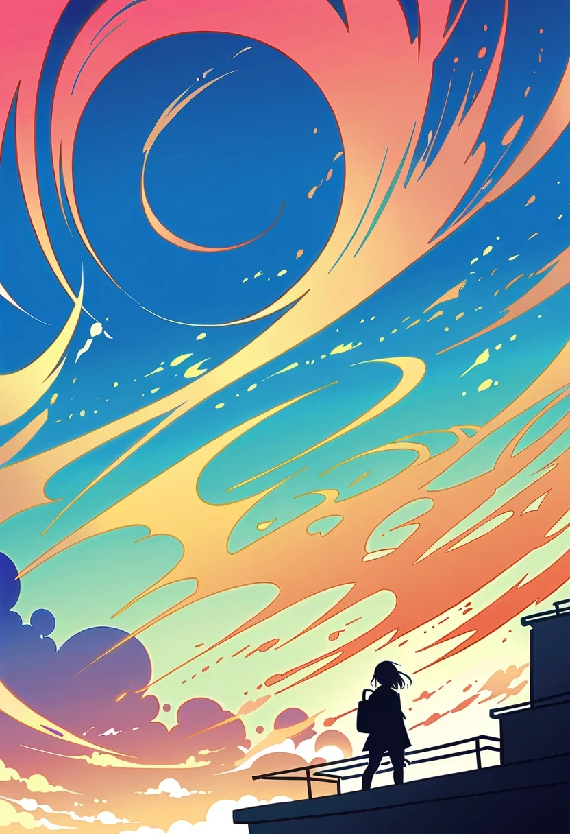 (Stand on the rooftop:1.3),Girl with backpack on rooftop,Simple lines,Minimalism,Abstract Art,City background