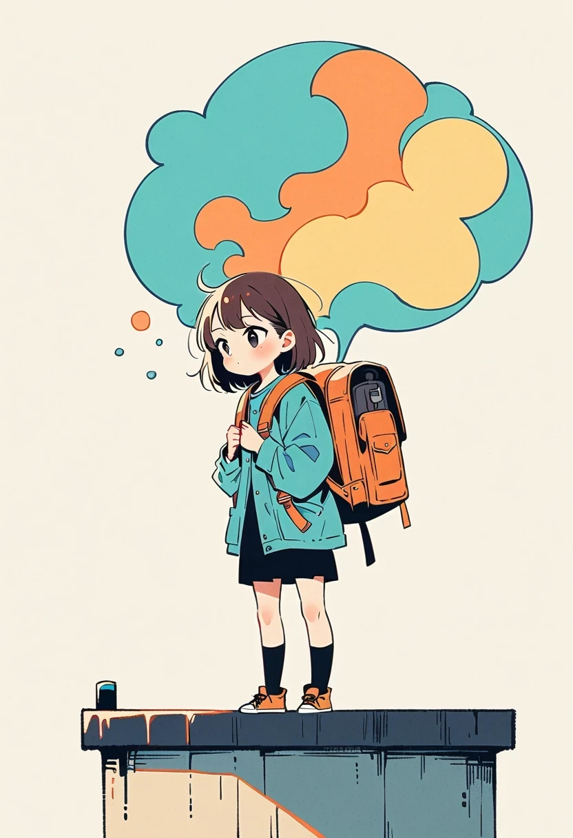 (Stand on the rooftop:1.3),Girl with backpack on rooftop,Simple lines,Minimalism,Abstract Art,City background