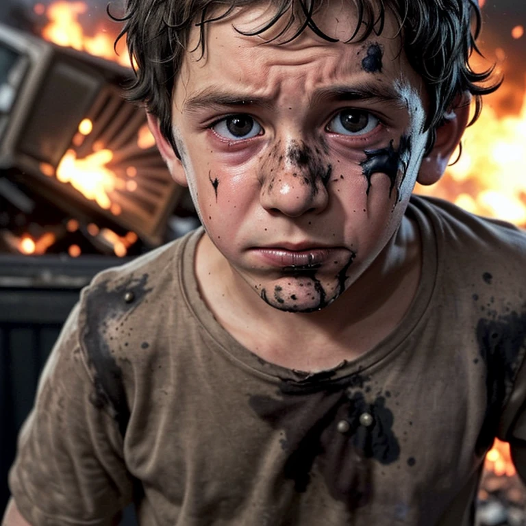 A boy actor coughing in rags and covered in soot after being caught in an explosion