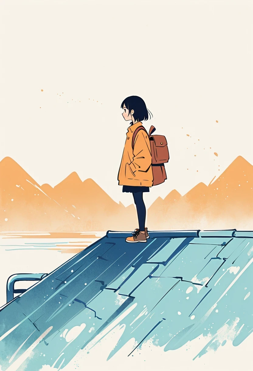 (Stand on the rooftop:1.3)，Girl with backpack on rooftop，Simple lines，Minimalism，Abstract Art，City background